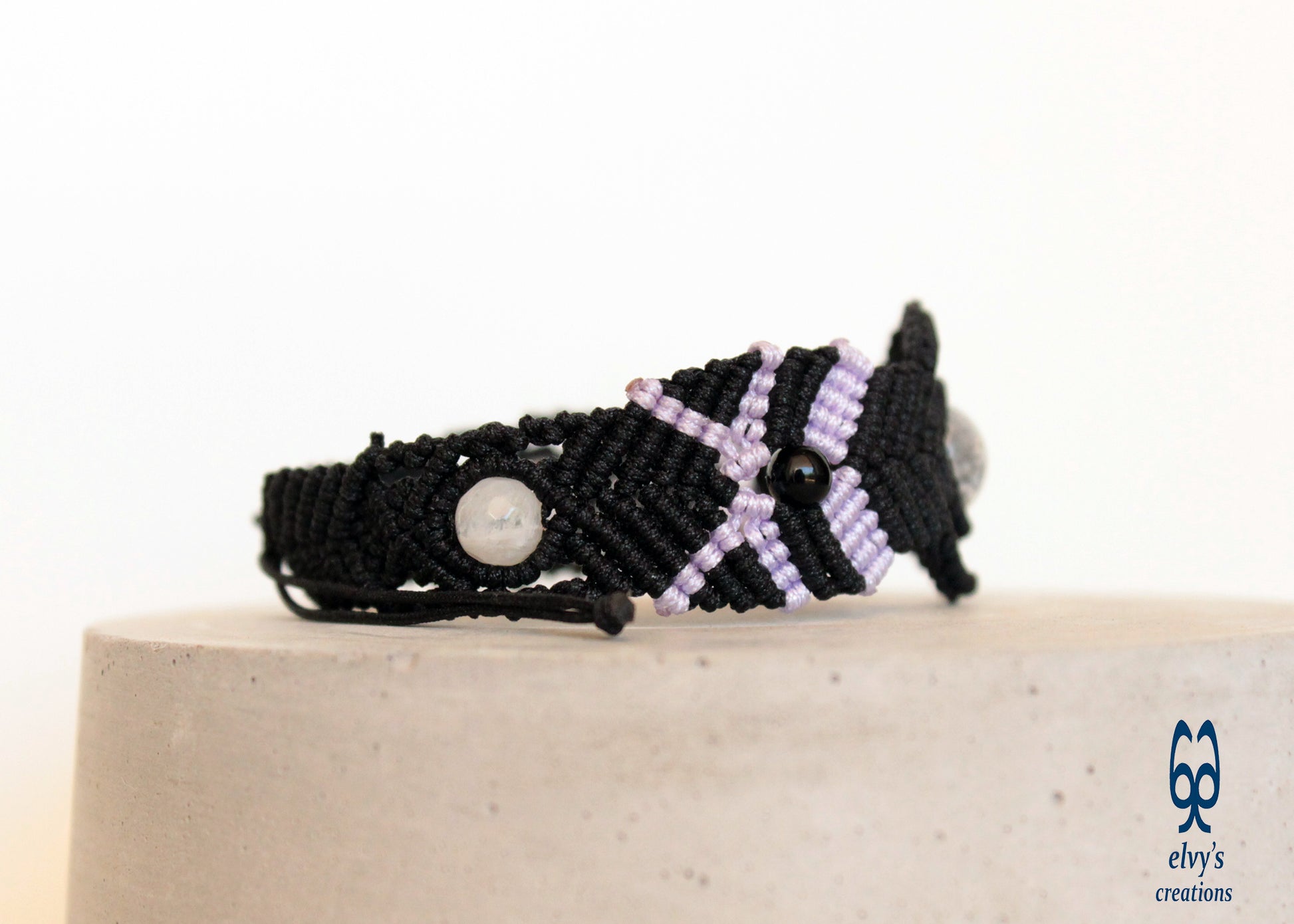 Black Macrame Bracelet with Crystal Quartz and Black Onyx Healer Gems Gift for her