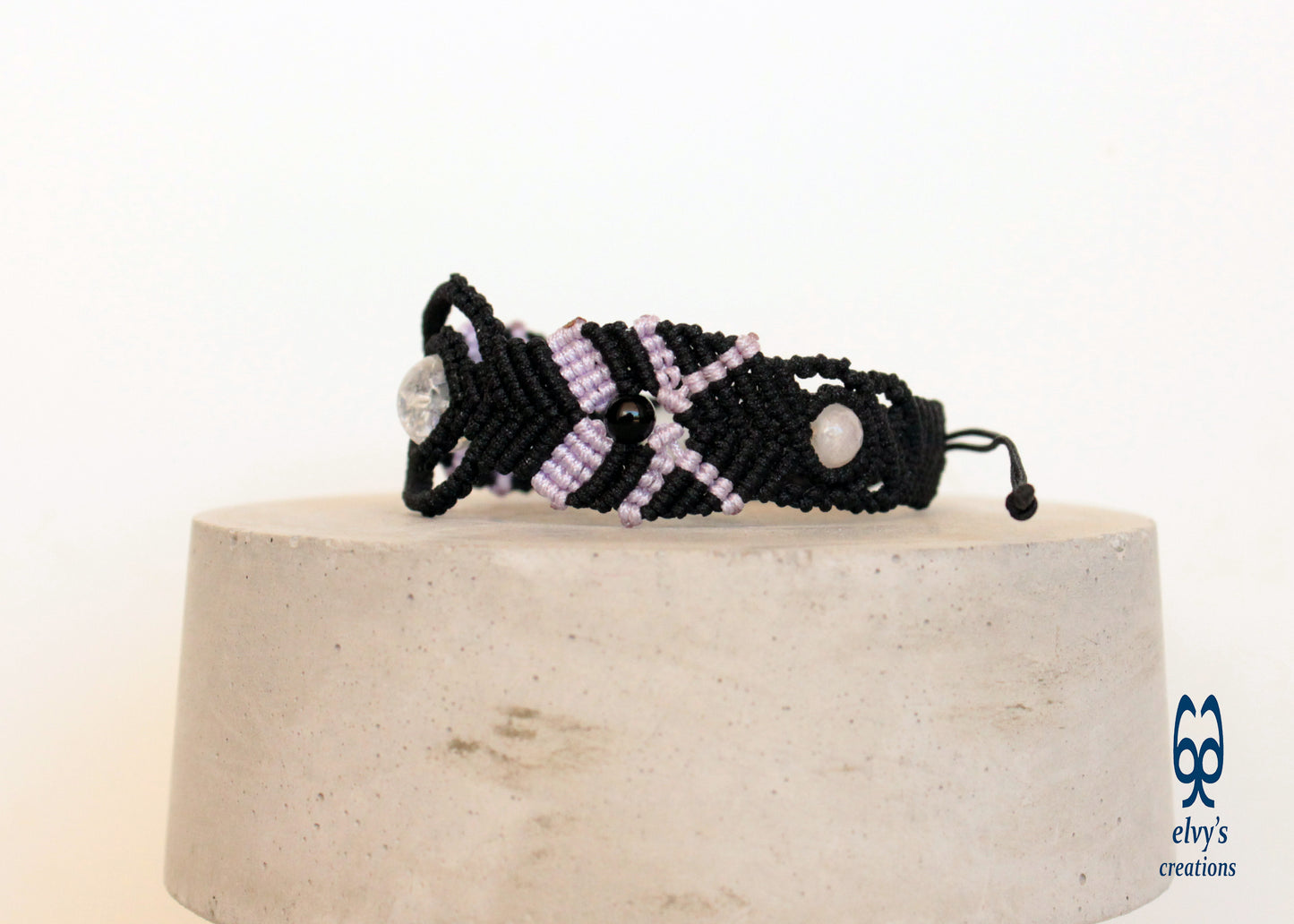 Black Macrame Bracelet with Crystal Quartz and Black Onyx Healer Gems Gift for her