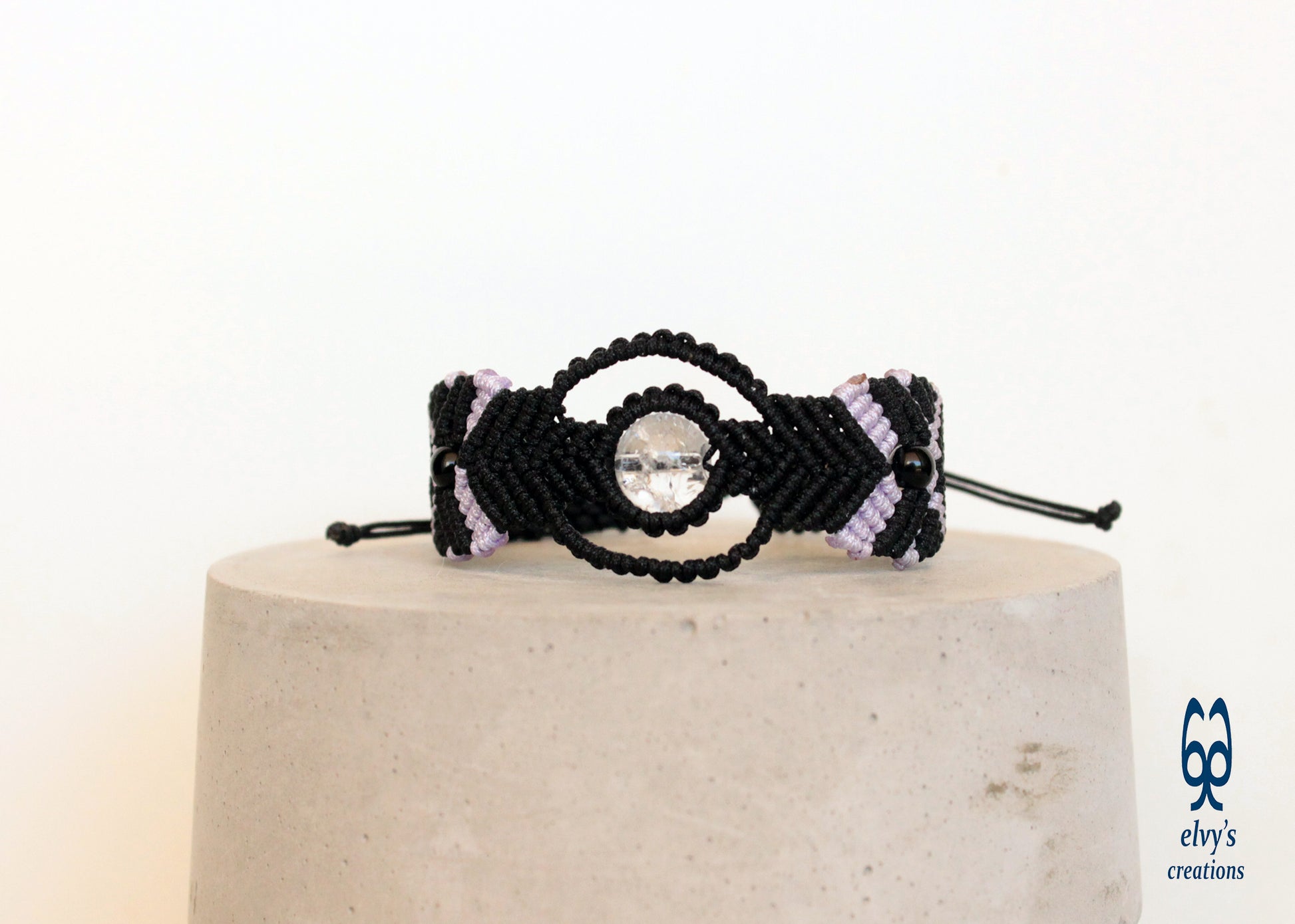 Black Macrame Bracelet with Crystal Quartz and Black Onyx Healer Gems Gift for her