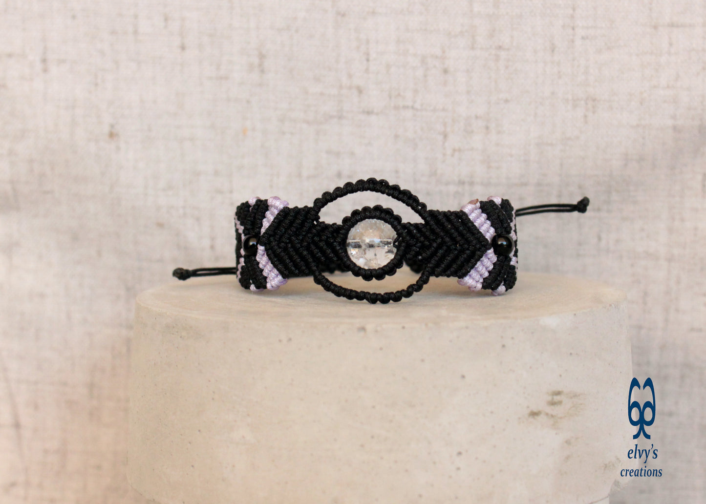 Black Macrame Bracelet with Crystal Quartz and Black Onyx Healer Gems Gift for her