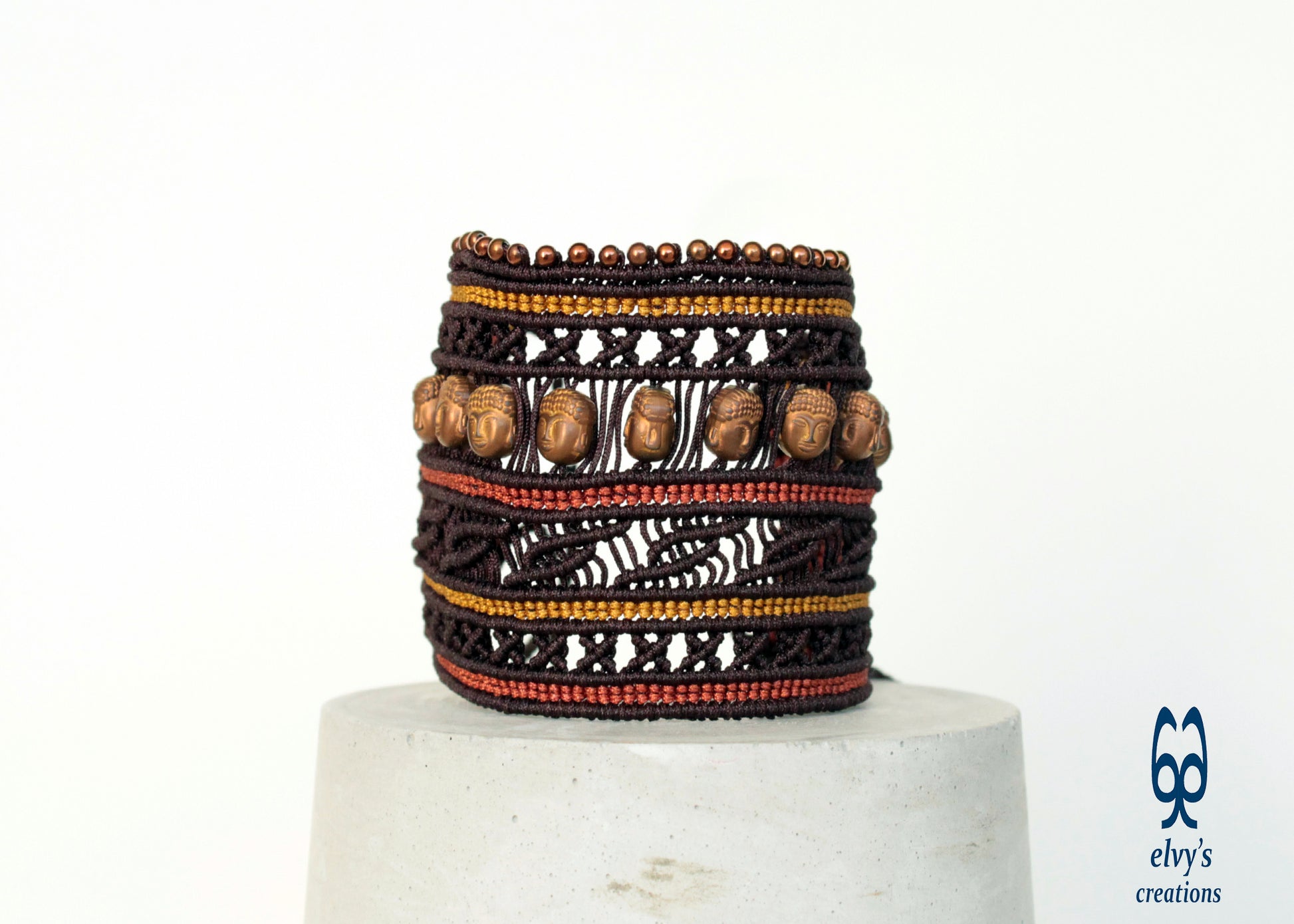 Brown Macrame Cuff Bracelet with Bronze Hematite Beads and Buddha Head Shaped Beads