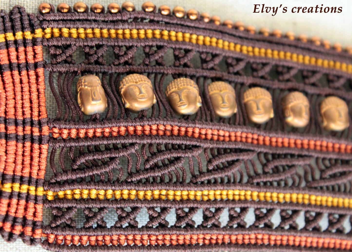 Brown Macrame Cuff Bracelet with Bronze Hematite Beads and Buddha Head Shaped Beads