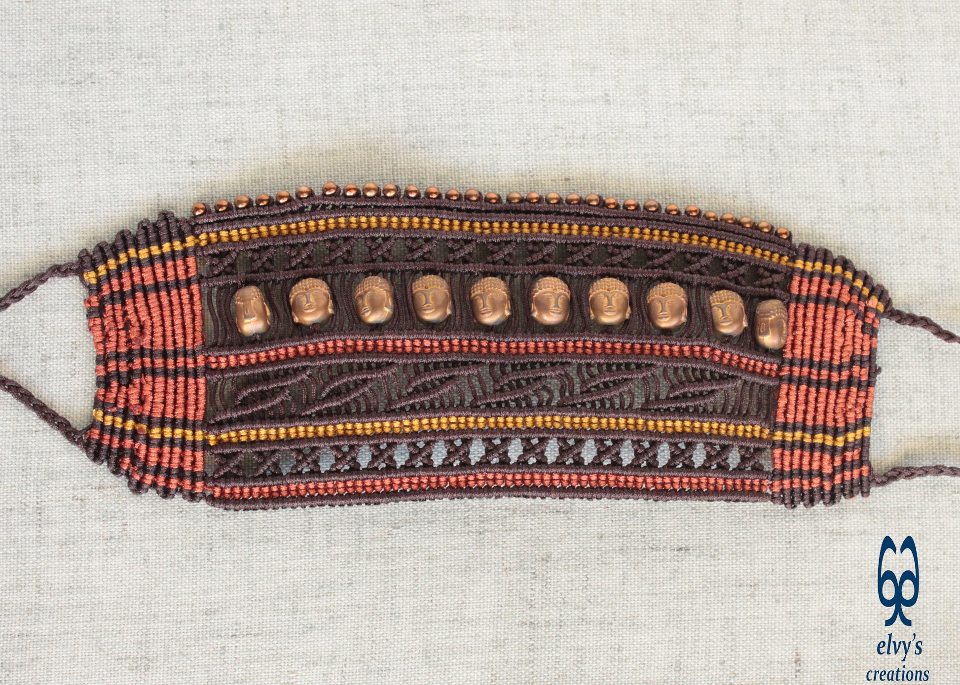 Brown Macrame Cuff Bracelet with Bronze Hematite Beads and Buddha Head Shaped Beads