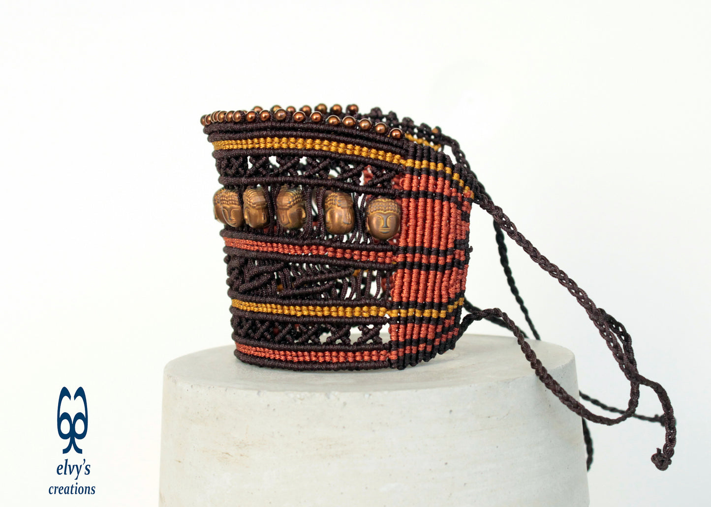 Brown Macrame Cuff Bracelet with Bronze Hematite Beads and Buddha Head Shaped Beads