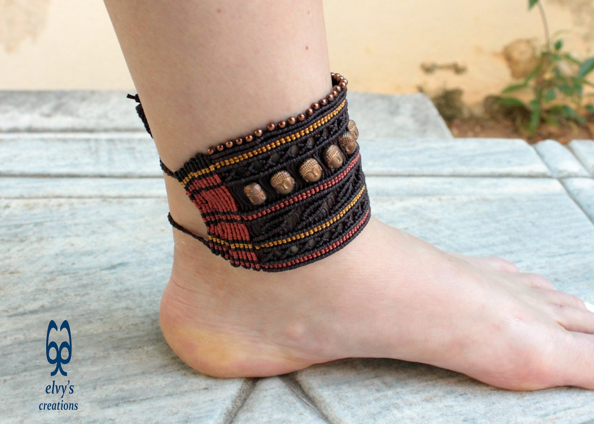 Brown Macrame Cuff Bracelet with Bronze Hematite Beads and Buddha Head Shaped Beads