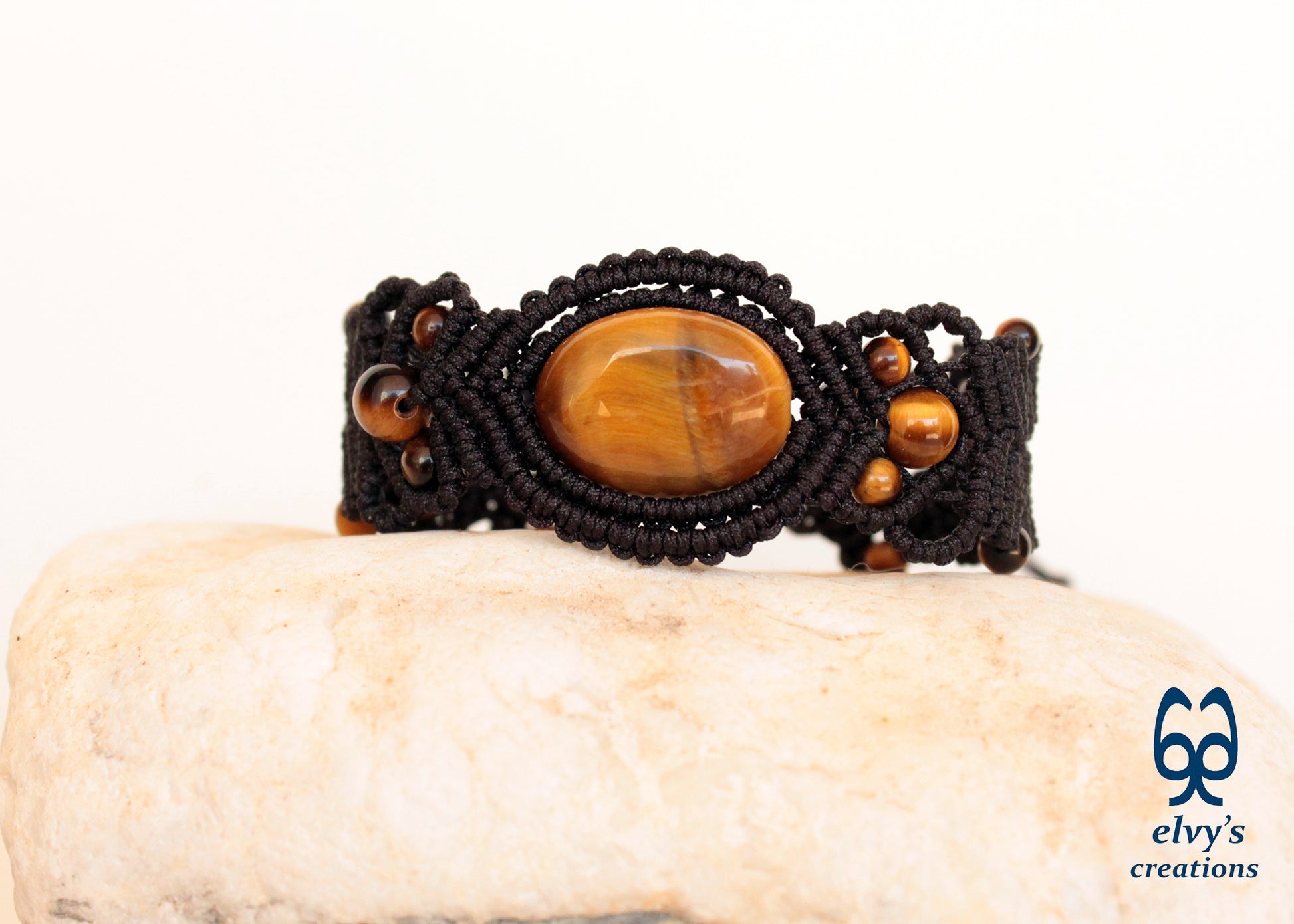 Unique Macrame Cuff Bracelet Tiger Eye Women Brown Handmade Jewelry 
