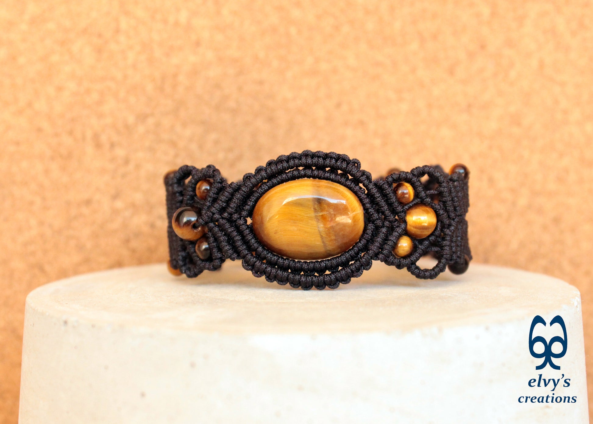 Unique Macrame Cuff Bracelet Tiger Eye Women Brown Handmade Jewelry 