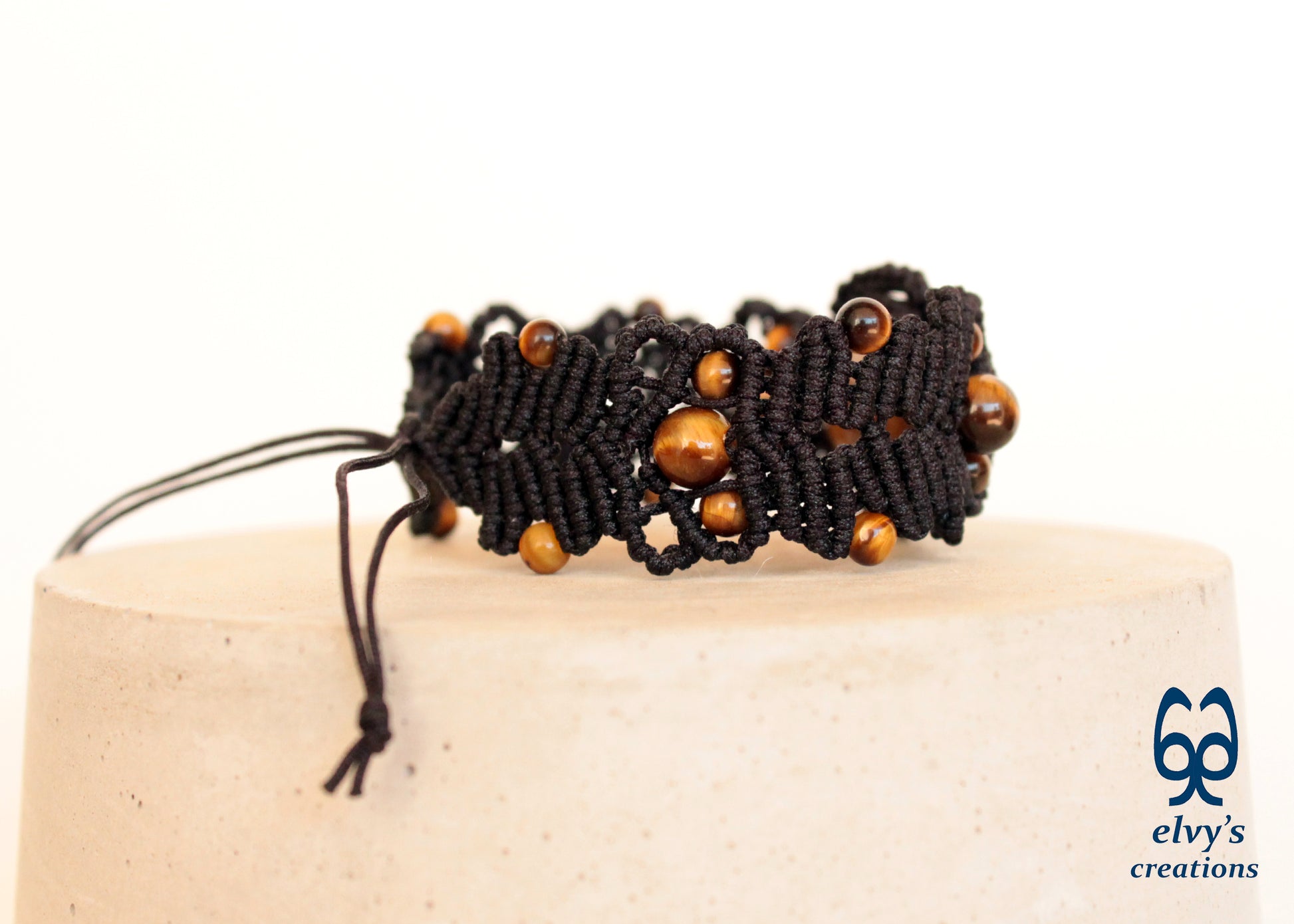 Unique Macrame Cuff Bracelet Tiger Eye Women Brown Handmade Jewelry 