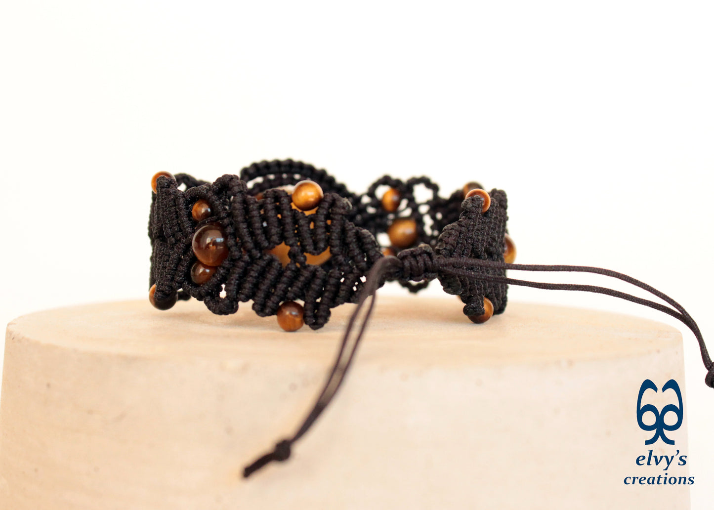 Unique Macrame Cuff Bracelet Tiger Eye Women Brown Handmade Jewelry 