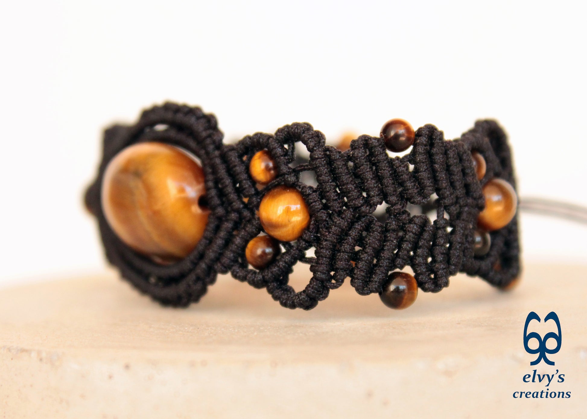 Unique Macrame Cuff Bracelet Tiger Eye Women Brown Handmade Jewelry 