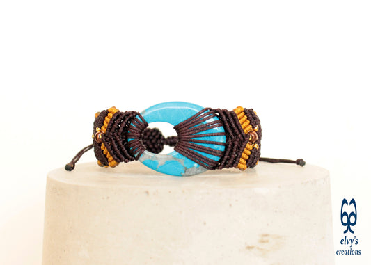 Macrame Bracelet, Turquoise Gemstone Beaded Cuff, Unique Birthday Gift for Women