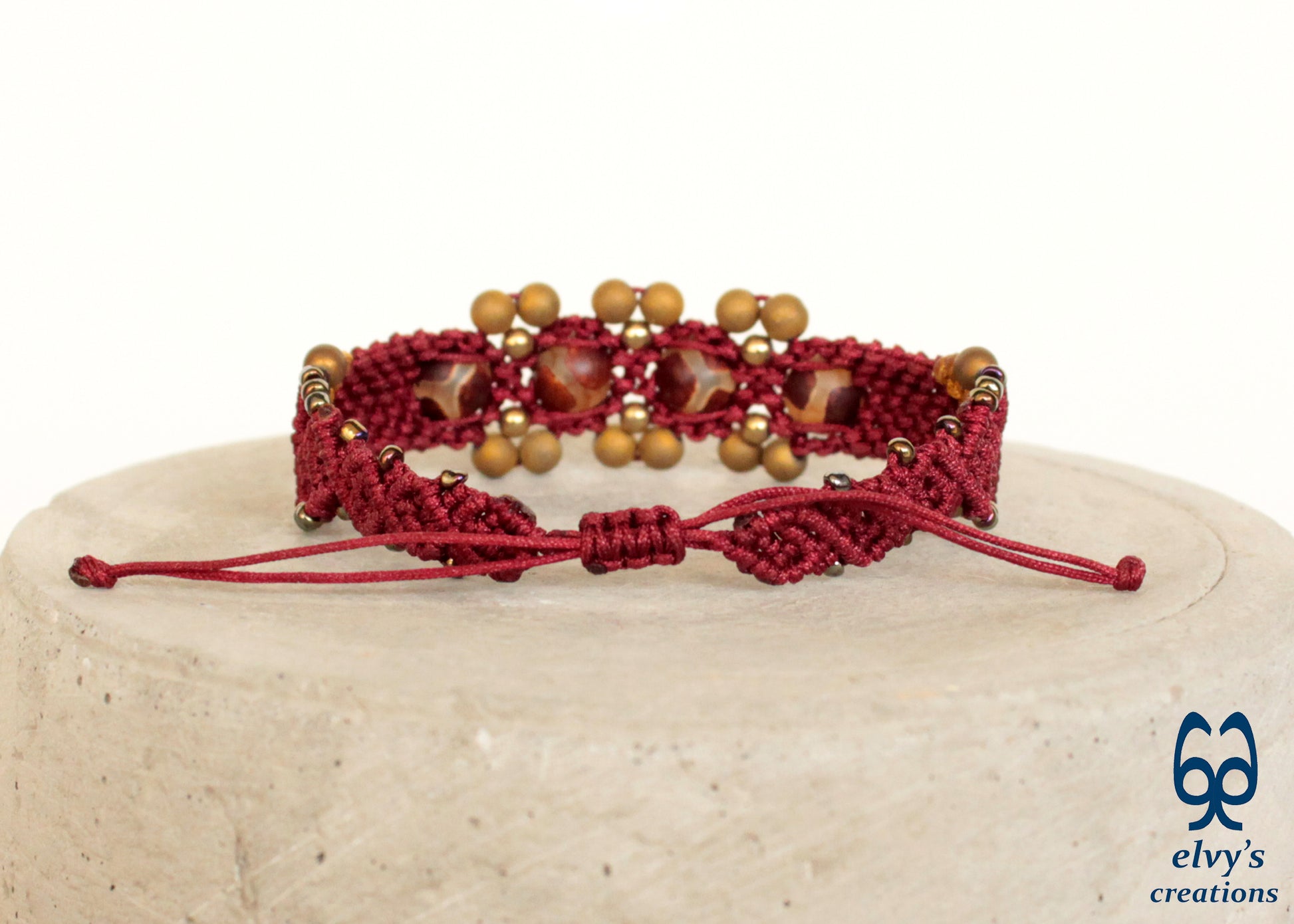 Red Macrame Bracelet Agate and Gold Hematite Beaded Boho Tribal Festival Bracelet for Women