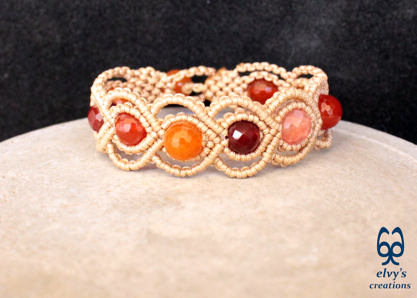 Handmade Macrame Bracelet, Gemstone Beaded Cuff, Unique Birthday Gift for Women