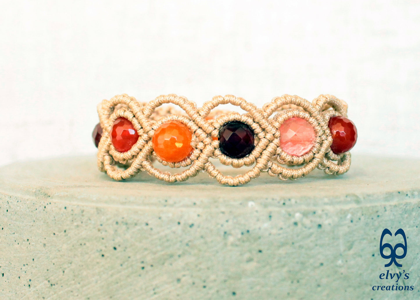 Handmade Macrame Bracelet, Gemstone Beaded Cuff, Unique Birthday Gift for Women