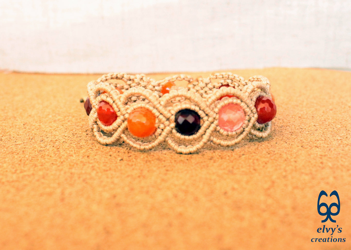 Handmade Macrame Bracelet, Gemstone Beaded Cuff, Unique Birthday Gift for Women