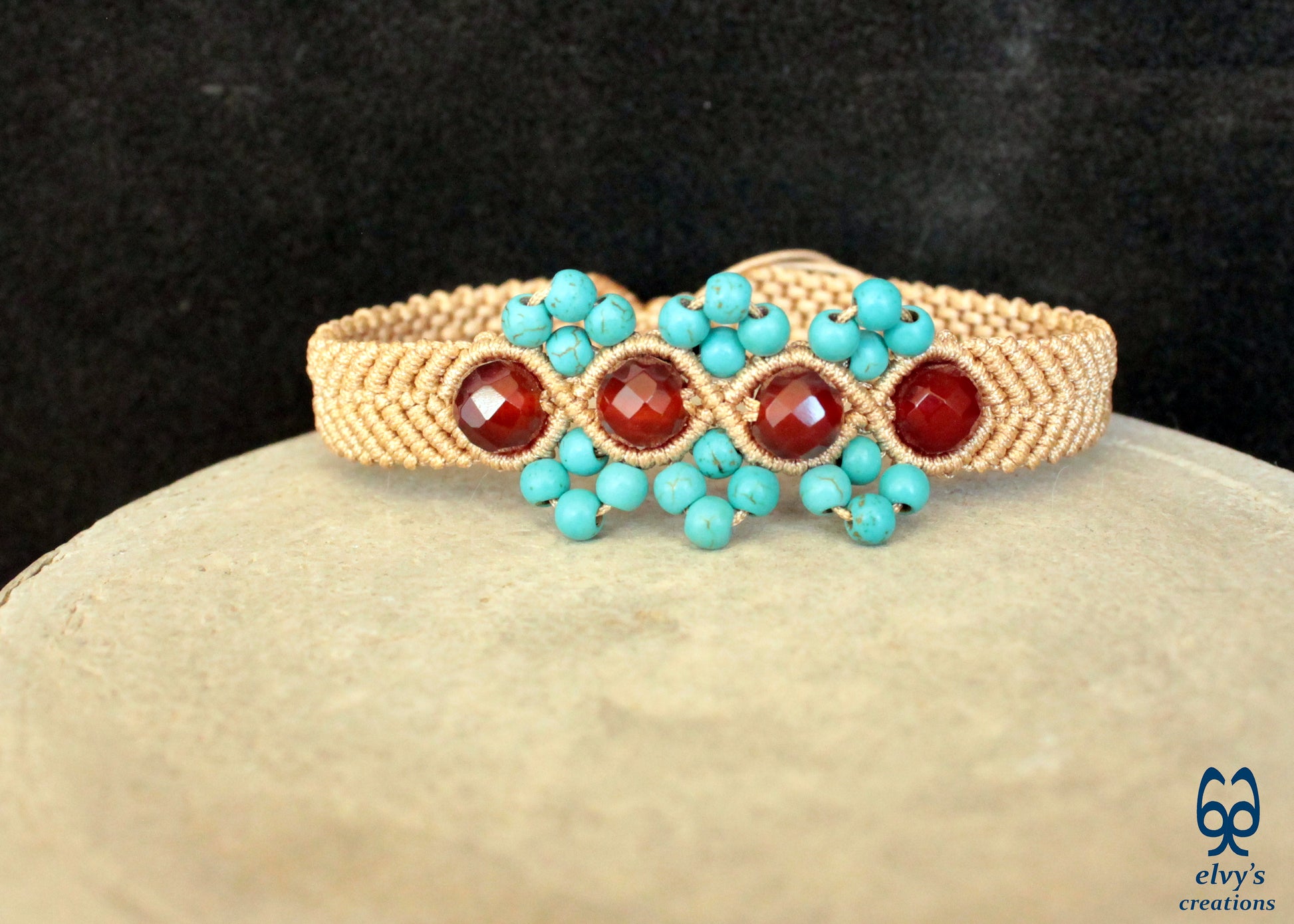 Turquoise Macrame Bracelet, Gemstone Beaded Cuff, Unique Birthday Gift for Women
