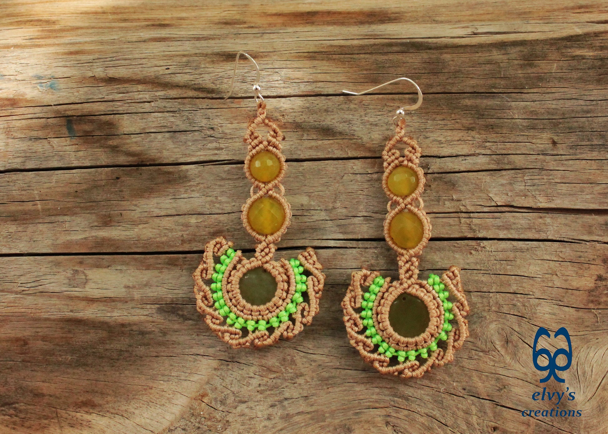 Beige Handmade Macrame Earrings with Green Jade Gemstones
