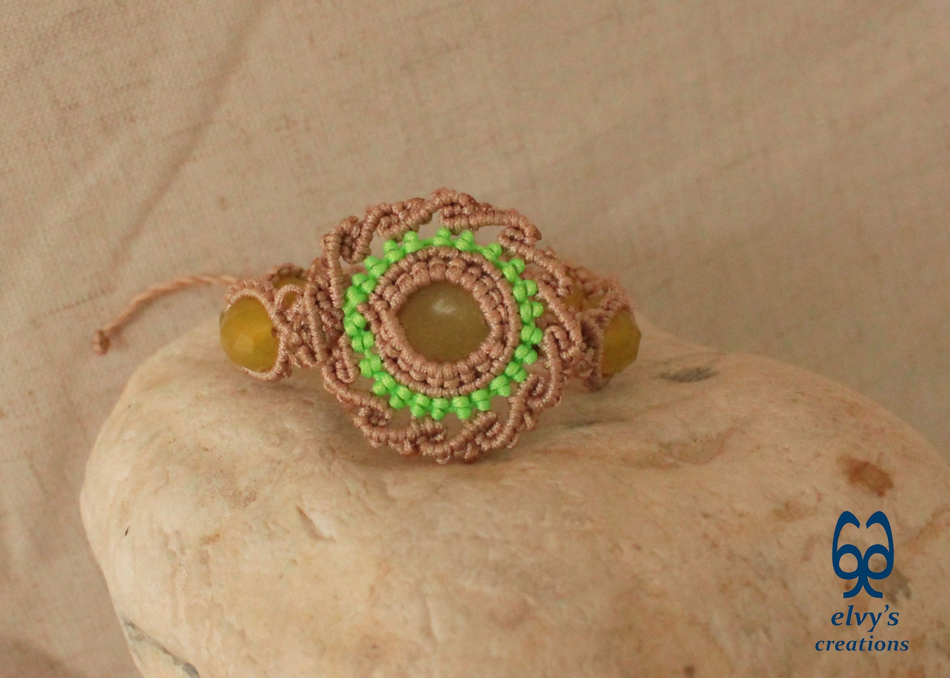 Beige Handmade Macrame Bracelet with Lime Green Jade Gemstones