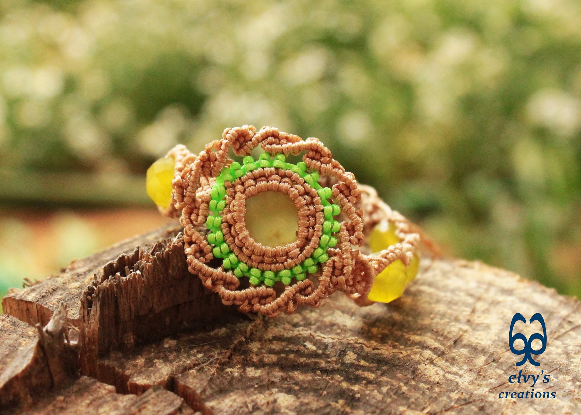 Beige Handmade Macrame Bracelet with Lime Green Jade Gemstones