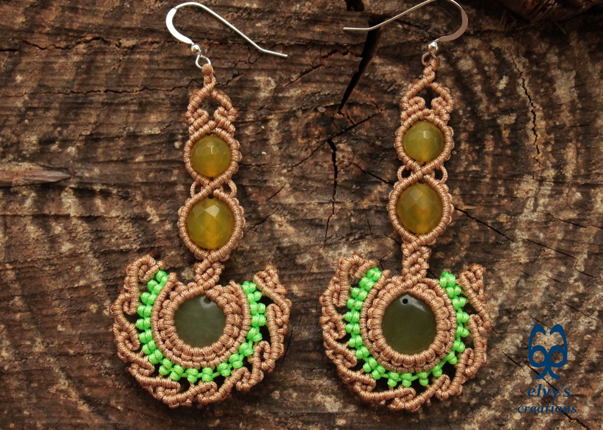 Beige Handmade Macrame Earrings with Green Jade Gemstones