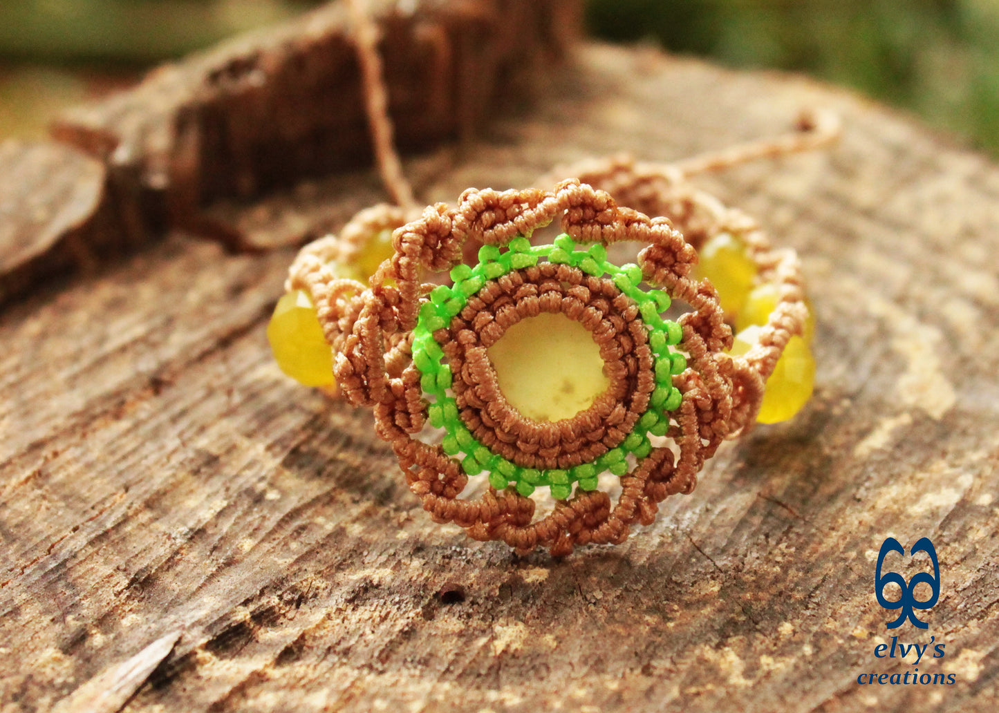 Beige Handmade Macrame Bracelet with Lime Green Jade Gemstones