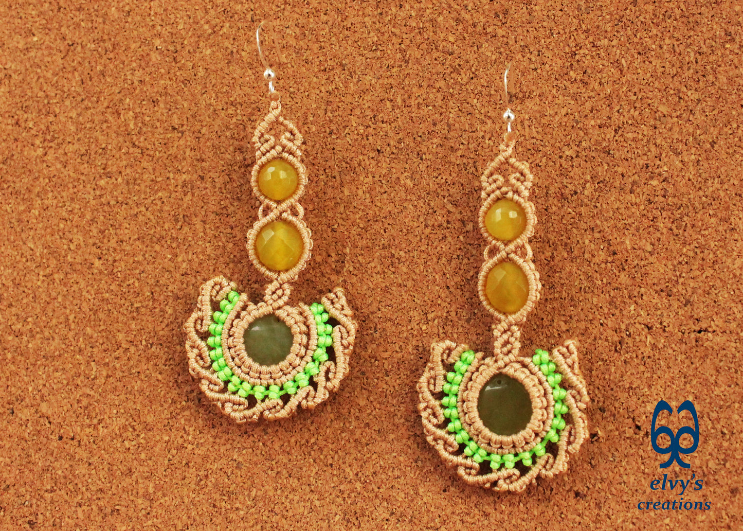 Beige Handmade Macrame Earrings with Green Jade Gemstones