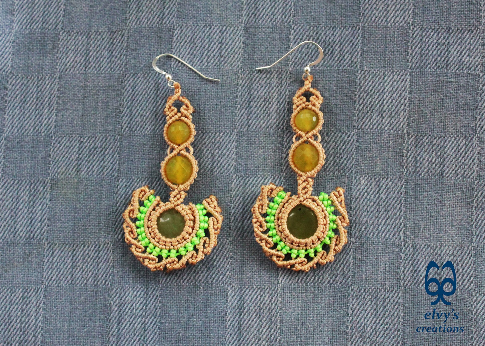 Beige Handmade Macrame Earrings with Green Jade Gemstones