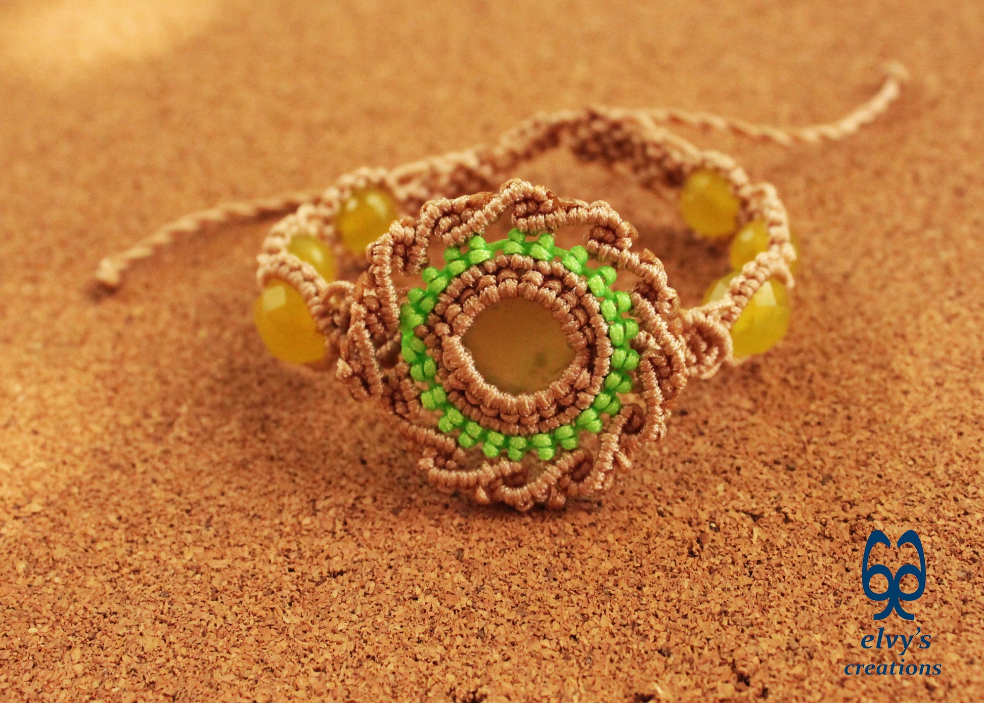 Beige Handmade Macrame Bracelet with Lime Green Jade Gemstones