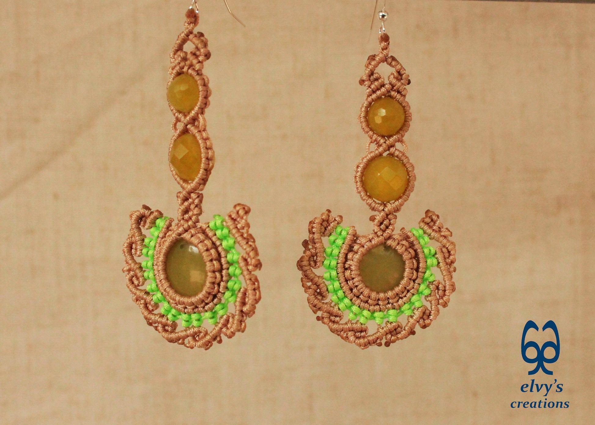 Beige Handmade Macrame Earrings with Green Jade Gemstones