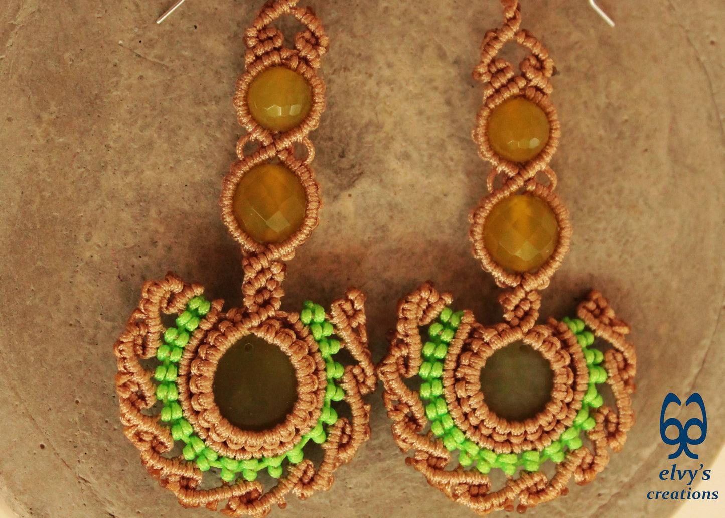 Beige Handmade Macrame Earrings with Green Jade Gemstones