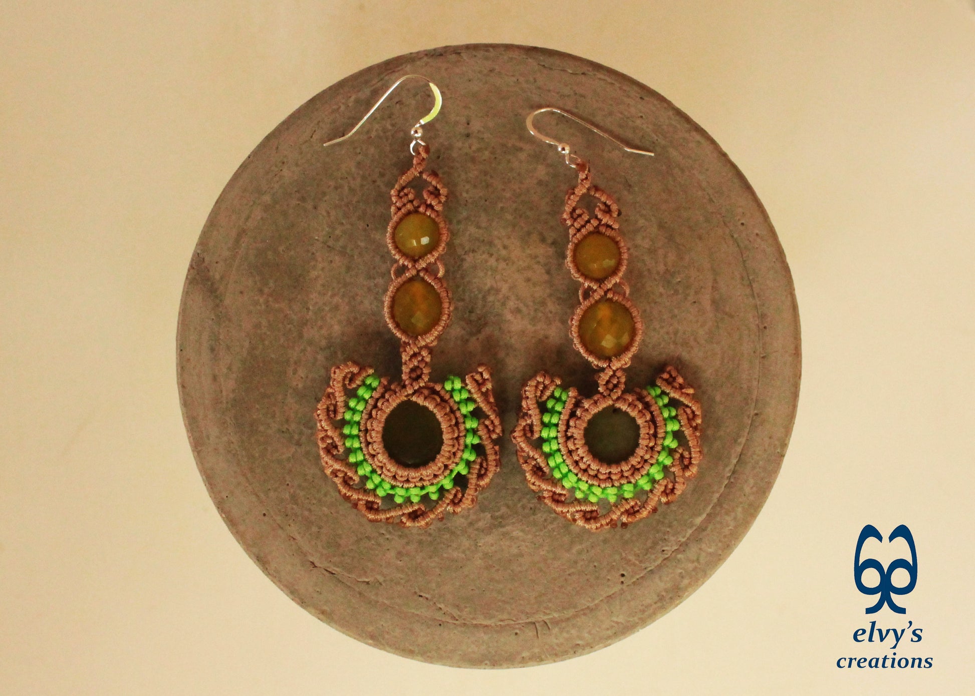 Beige Handmade Macrame Earrings with Green Jade Gemstones