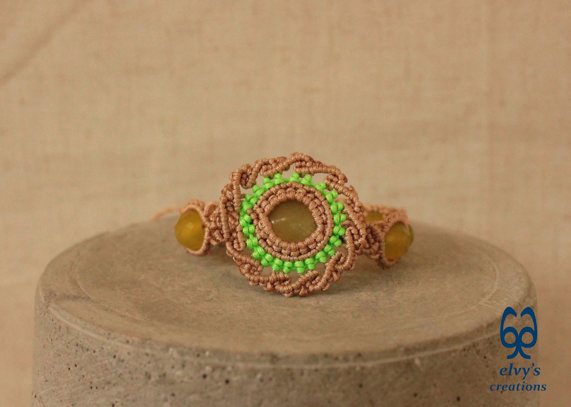 Beige Handmade Macrame Bracelet with Lime Green Jade Gemstones