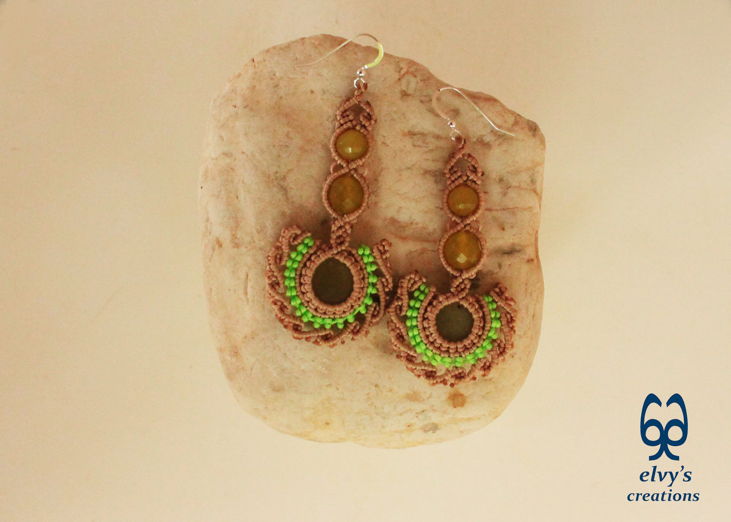 Beige Handmade Macrame Earrings with Green Jade Gemstones