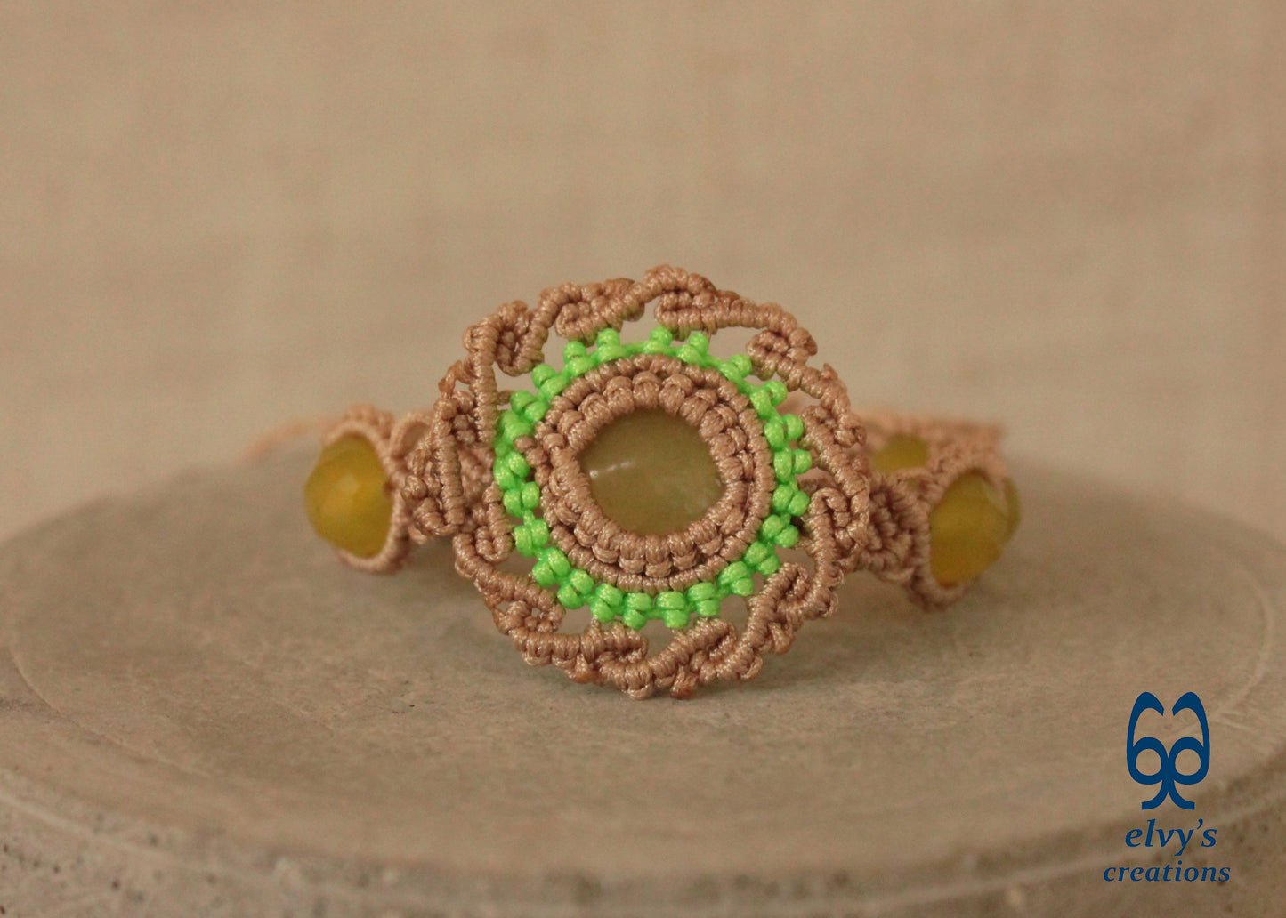 Beige Handmade Macrame Bracelet with Lime Green Jade Gemstones