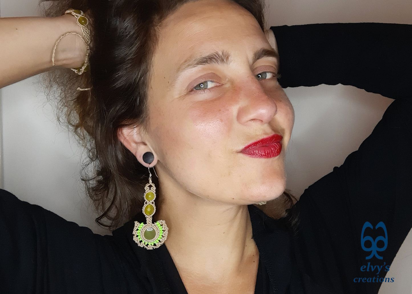 Beige Handmade Macrame Earrings with Green Jade Gemstones