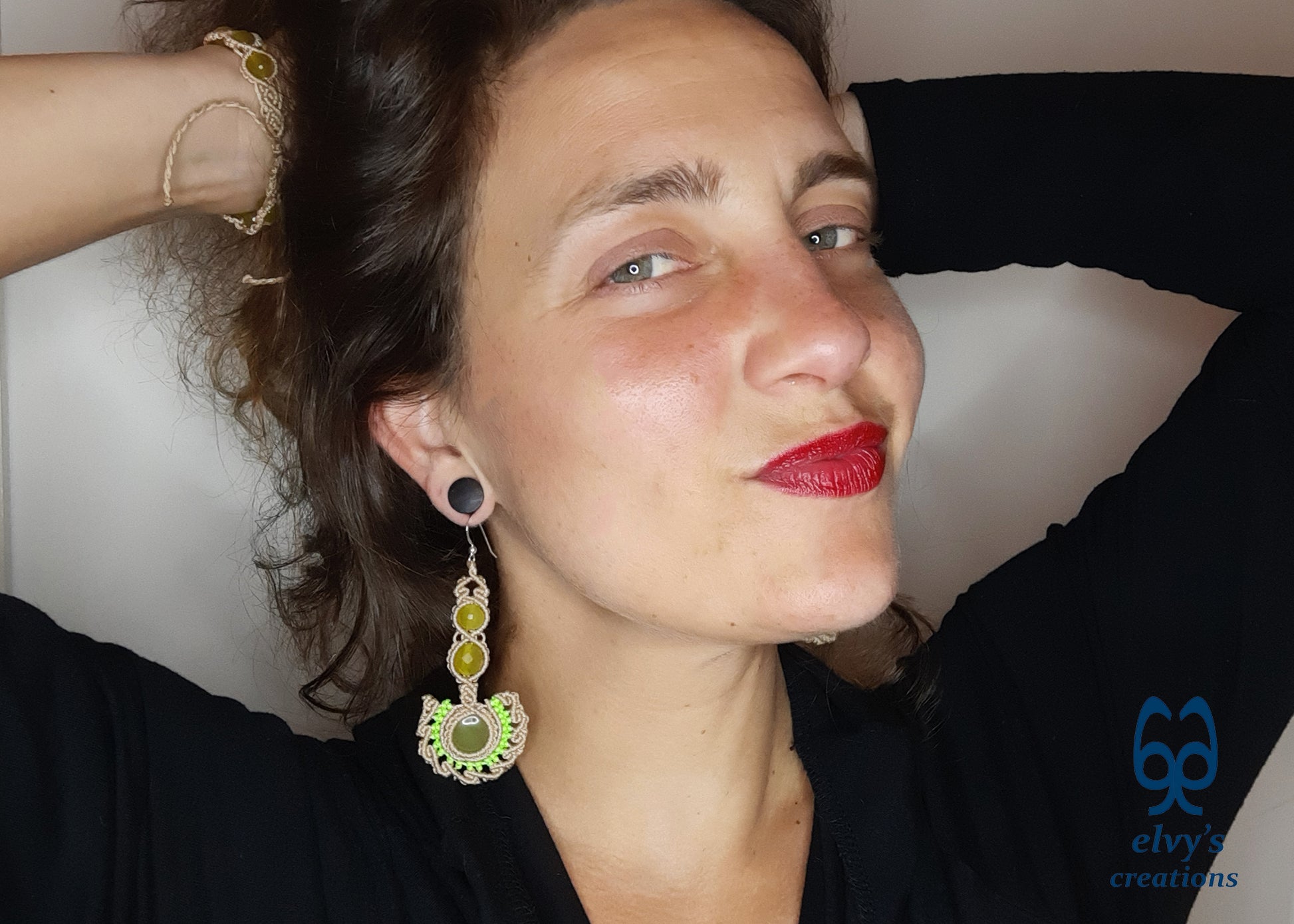 Beige Handmade Macrame Earrings with Green Jade Gemstones