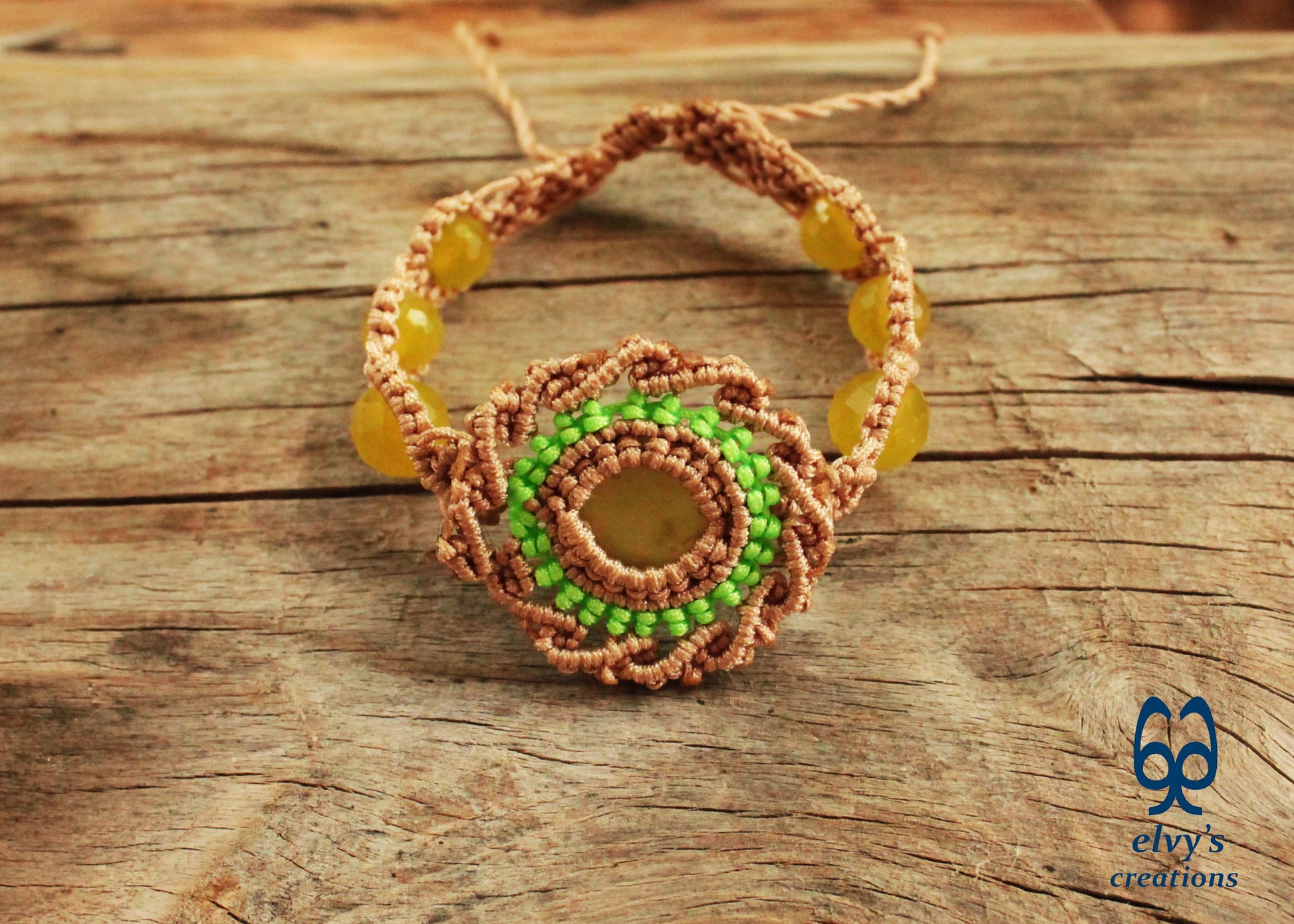 Beige Handmade Macrame Bracelet with Lime Green Jade Gemstones