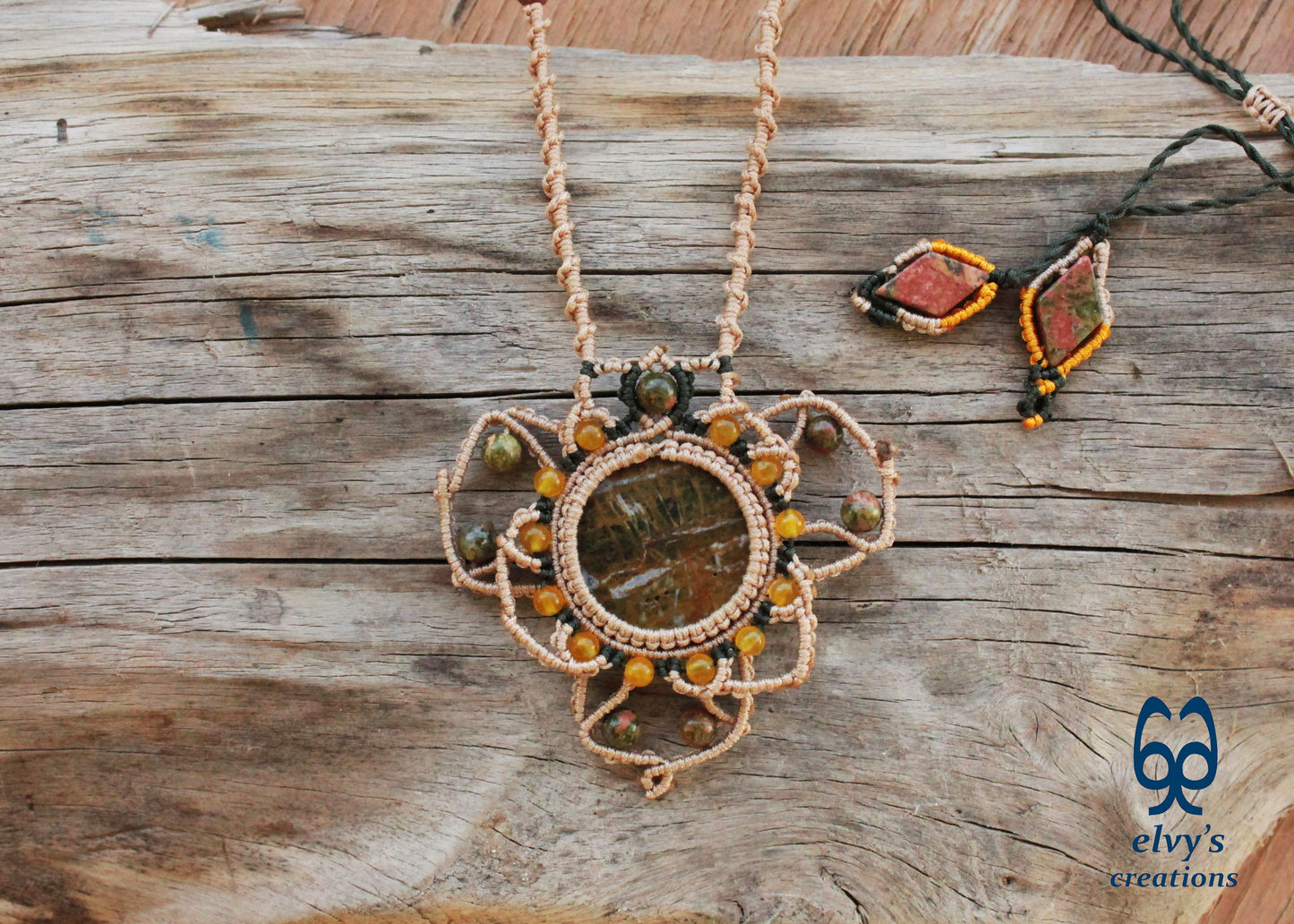 Beige Macrame Necklace with Jade Gemstones Yellow Agate Mandala Necklace