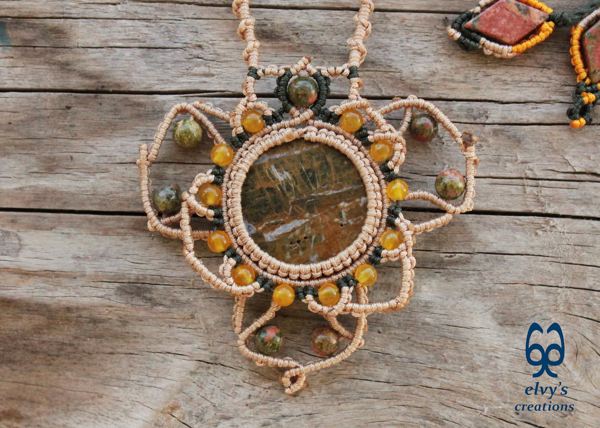 Beige Macrame Necklace with Jade Gemstones Yellow Agate Mandala Necklace