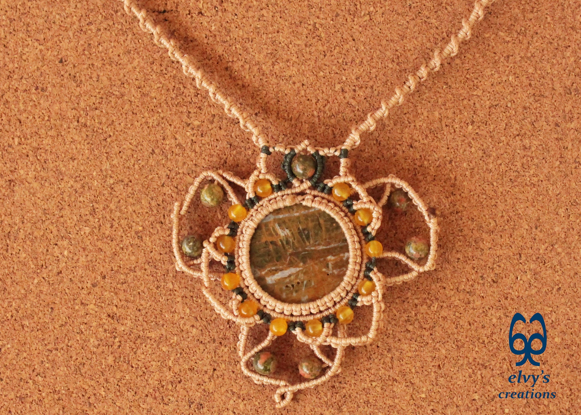 Beige Macrame Necklace with Jade Gemstones Yellow Agate Mandala Necklace