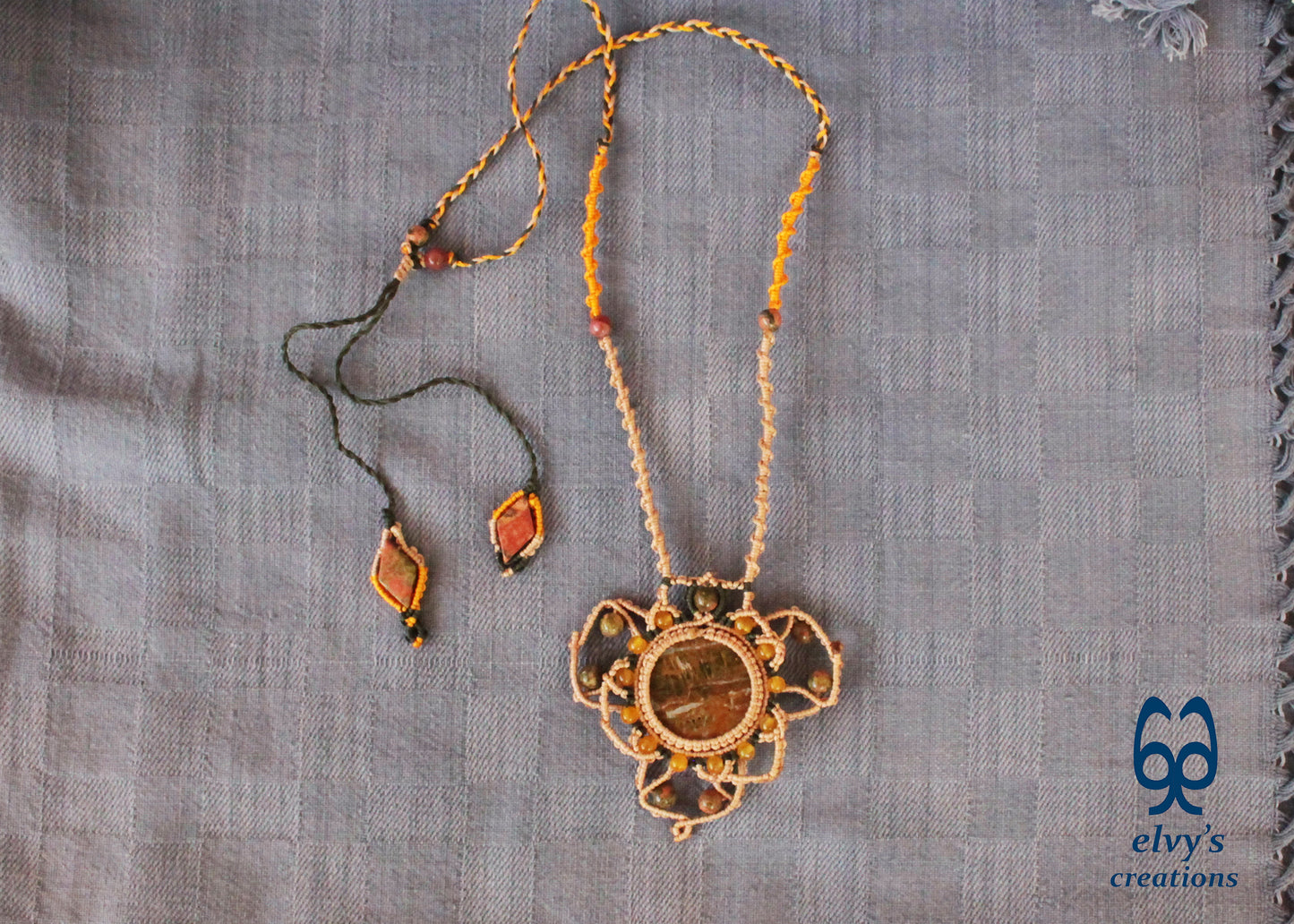 Beige Macrame Necklace with Jade Gemstones Yellow Agate Mandala Necklace