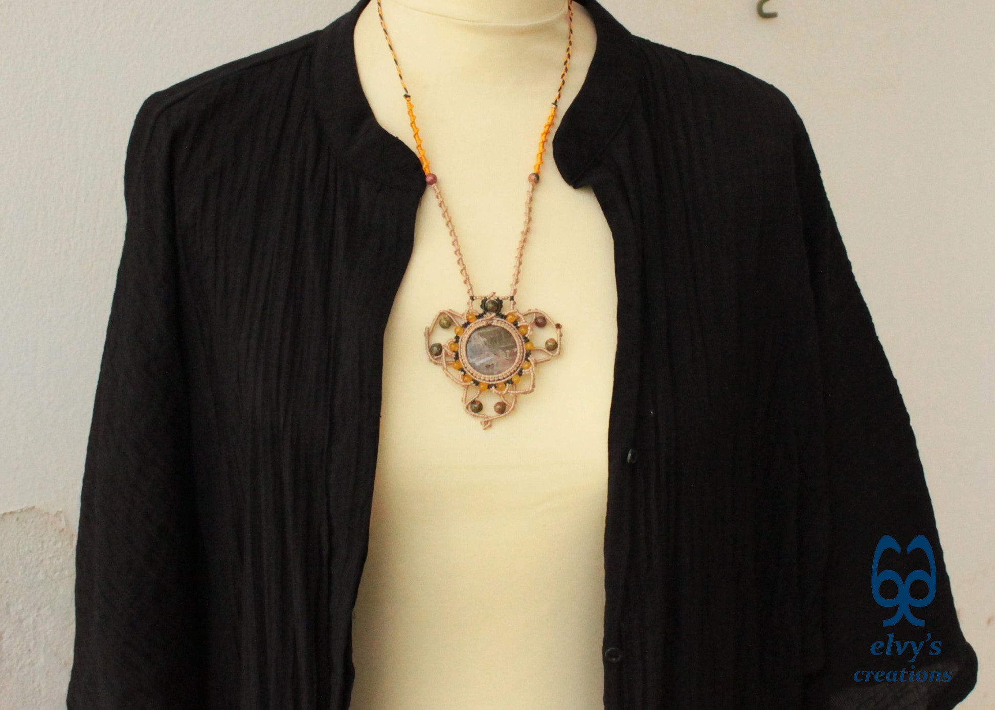 Beige Macrame Necklace with Jade Gemstones Yellow Agate Mandala Necklace