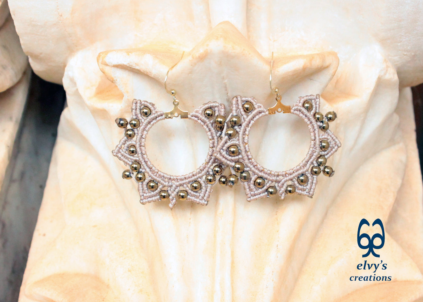 Gold Macrame Earrings, Hematite Dangle Gemstone Beads Earrings, Birthday Gift for Women