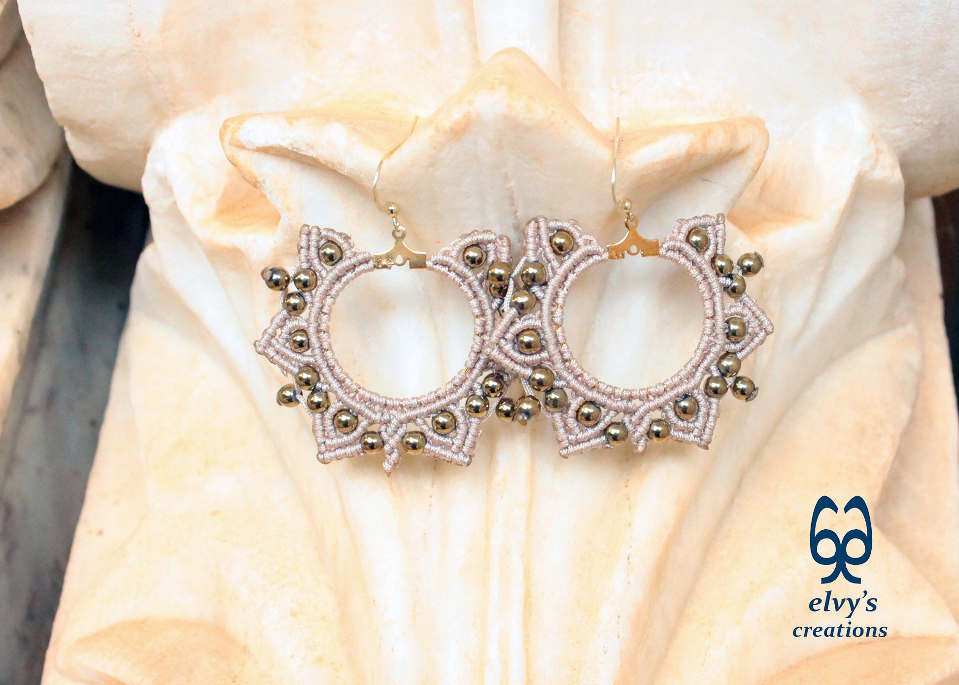 Gold Macrame Earrings, Hematite Dangle Gemstone Beads Earrings, Birthday Gift for Women