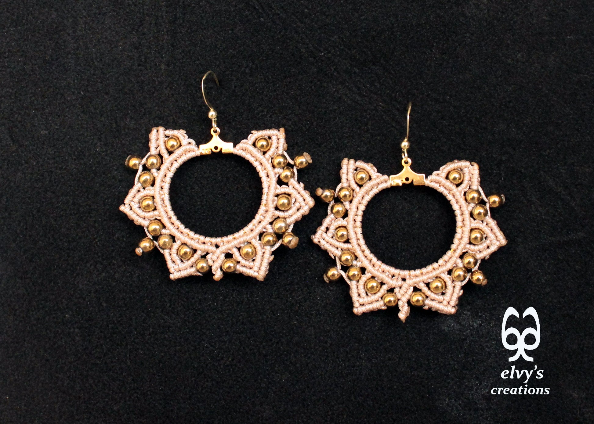 Gold Macrame Earrings, Hematite Dangle Gemstone Beads Earrings, Birthday Gift for Women