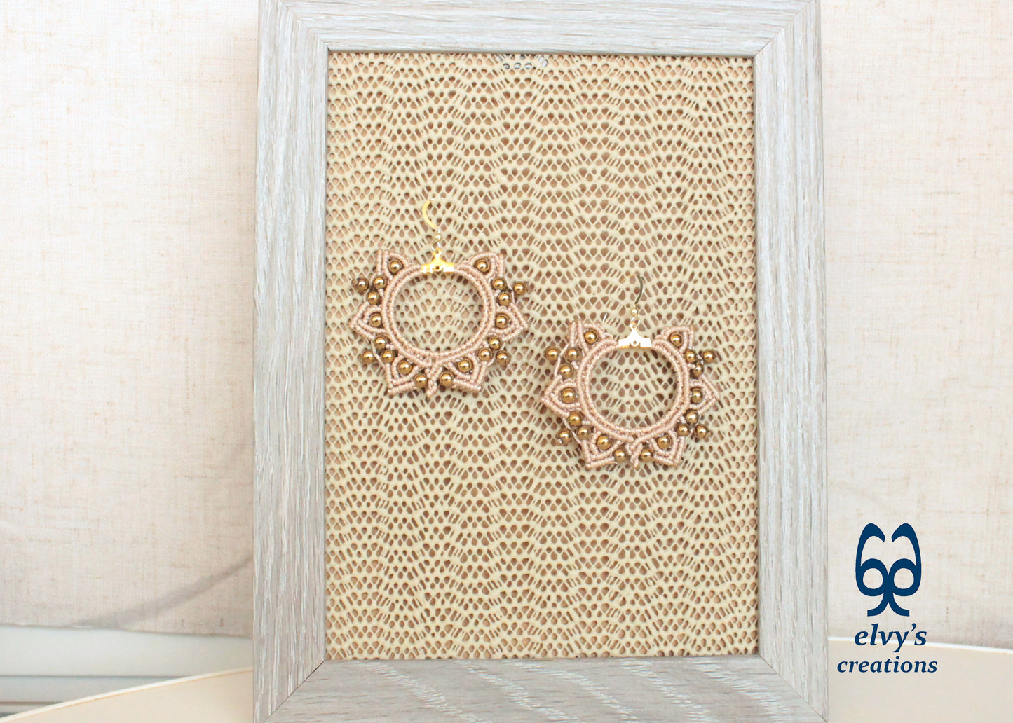 Gold Macrame Earrings, Hematite Dangle Gemstone Beads Earrings, Birthday Gift for Women