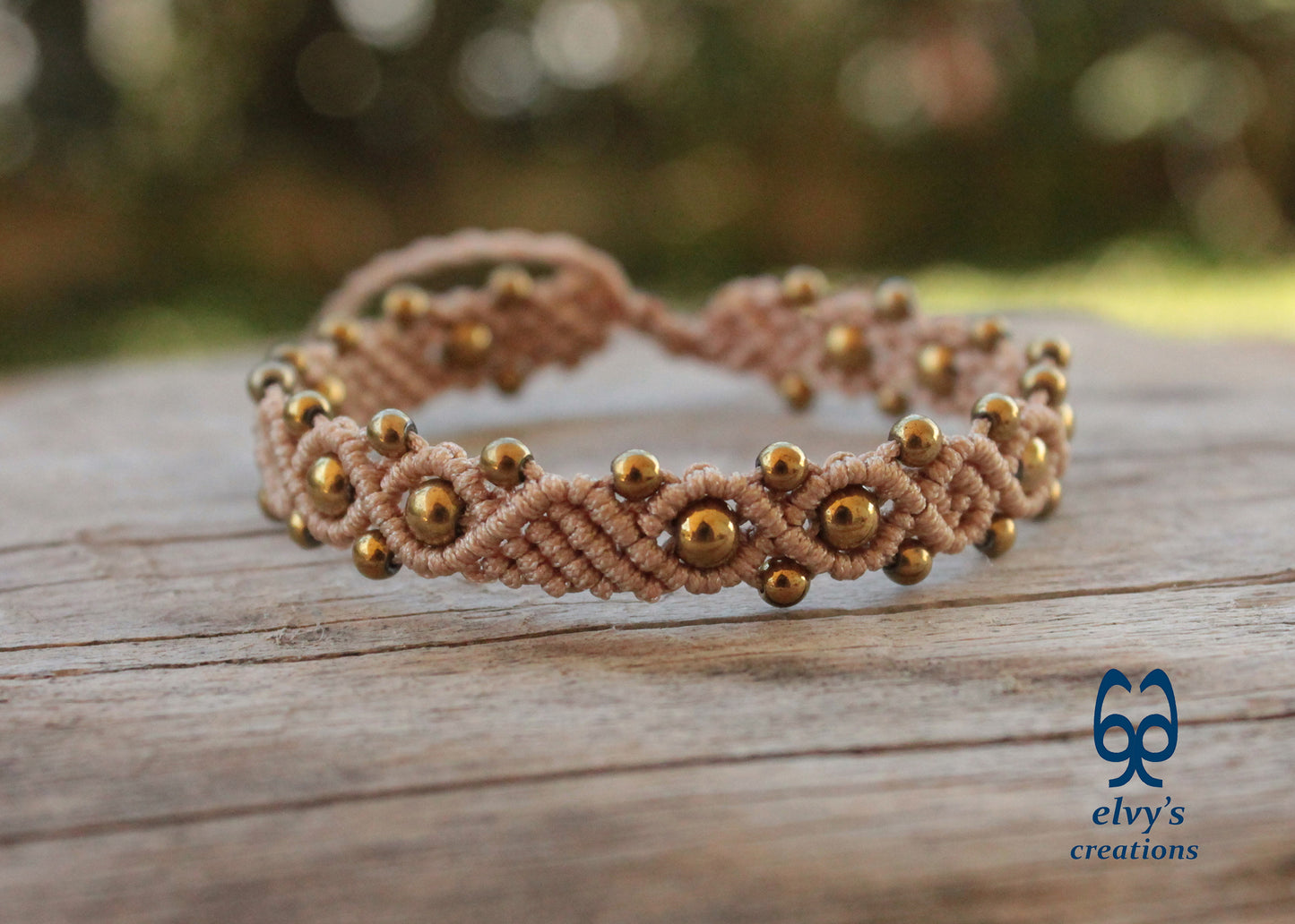 Beige Macrame Adjustable Bracelet with Gold  Hematite Gemstone Beads