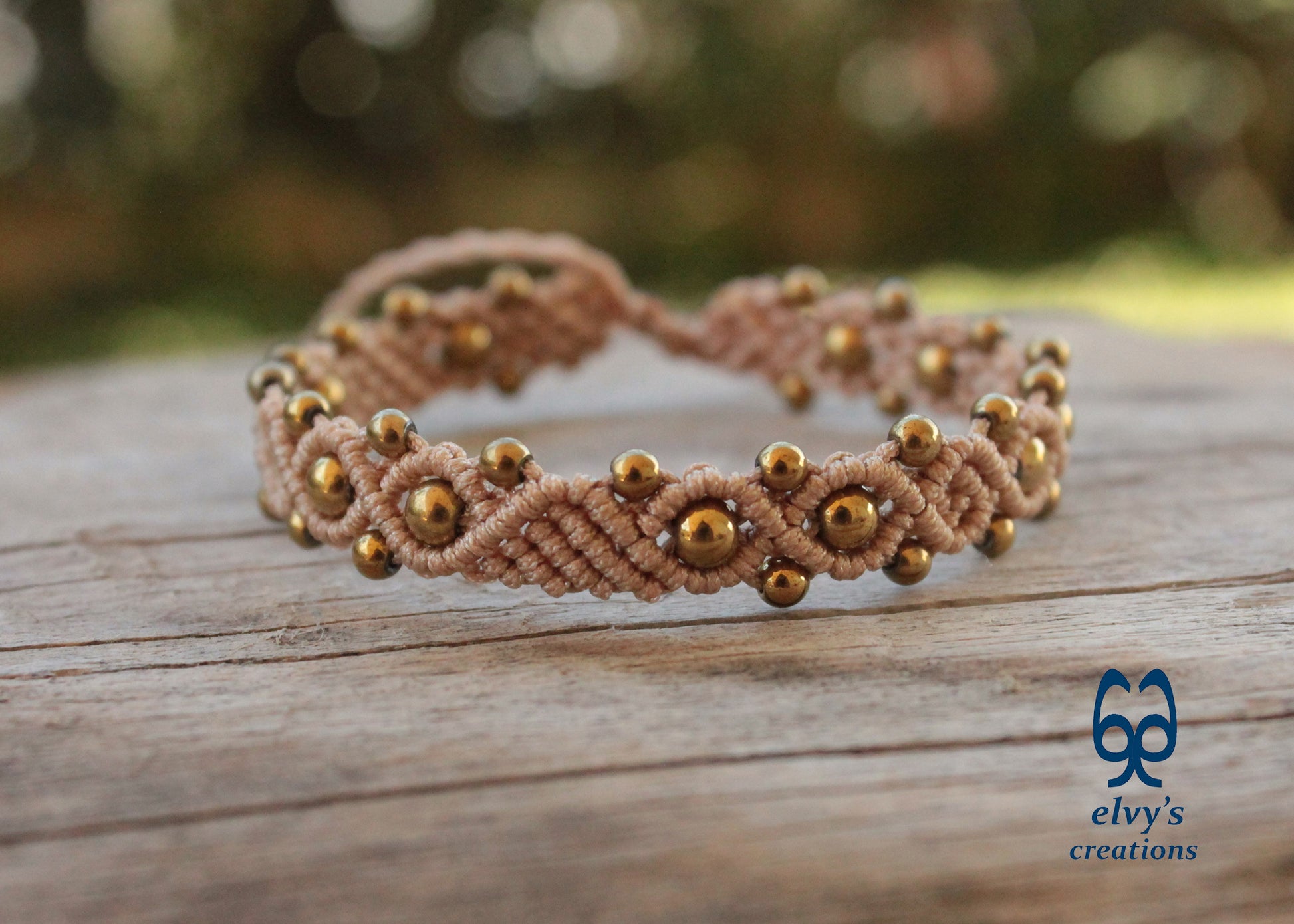 Beige Macrame Adjustable Bracelet with Gold  Hematite Gemstone Beads