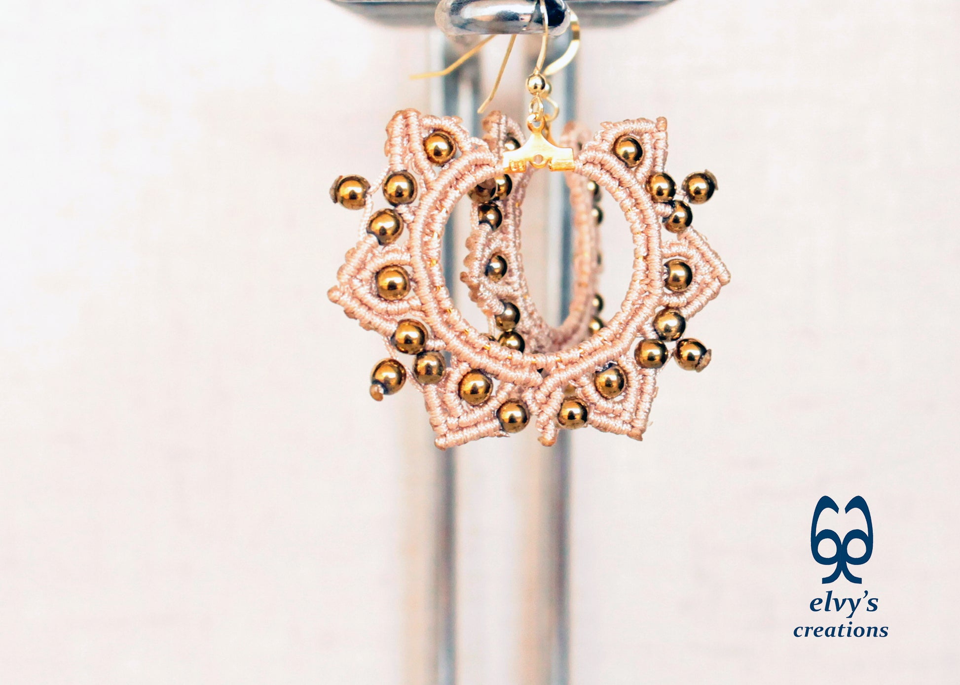 Gold Macrame Earrings, Hematite Dangle Gemstone Beads Earrings, Birthday Gift for Women