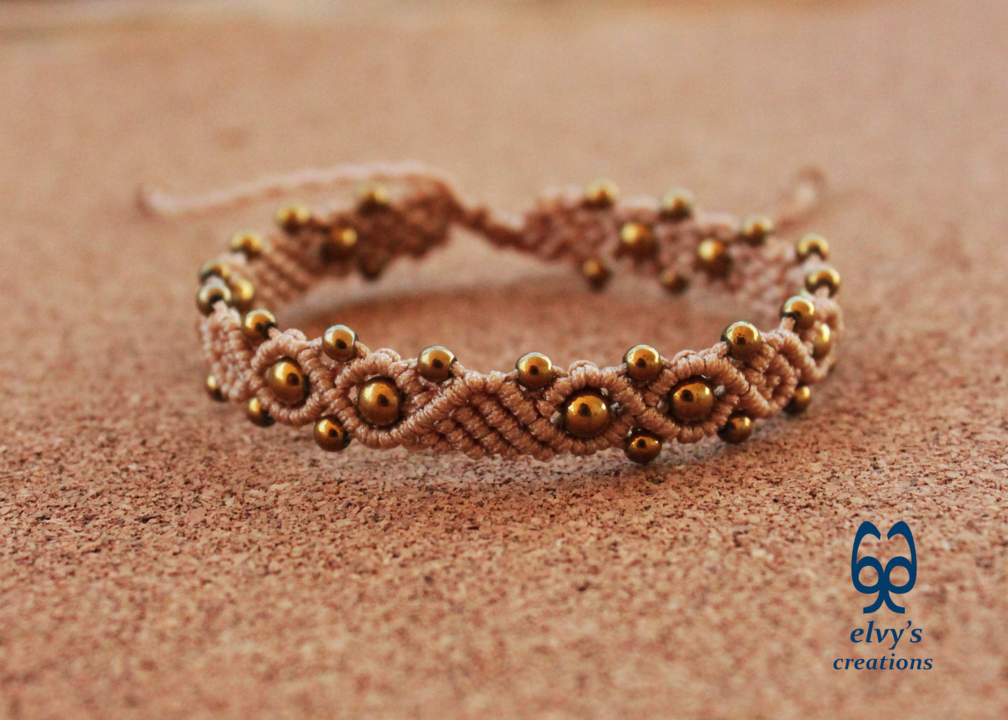 Beige Macrame Adjustable Bracelet with Gold  Hematite Gemstone Beads